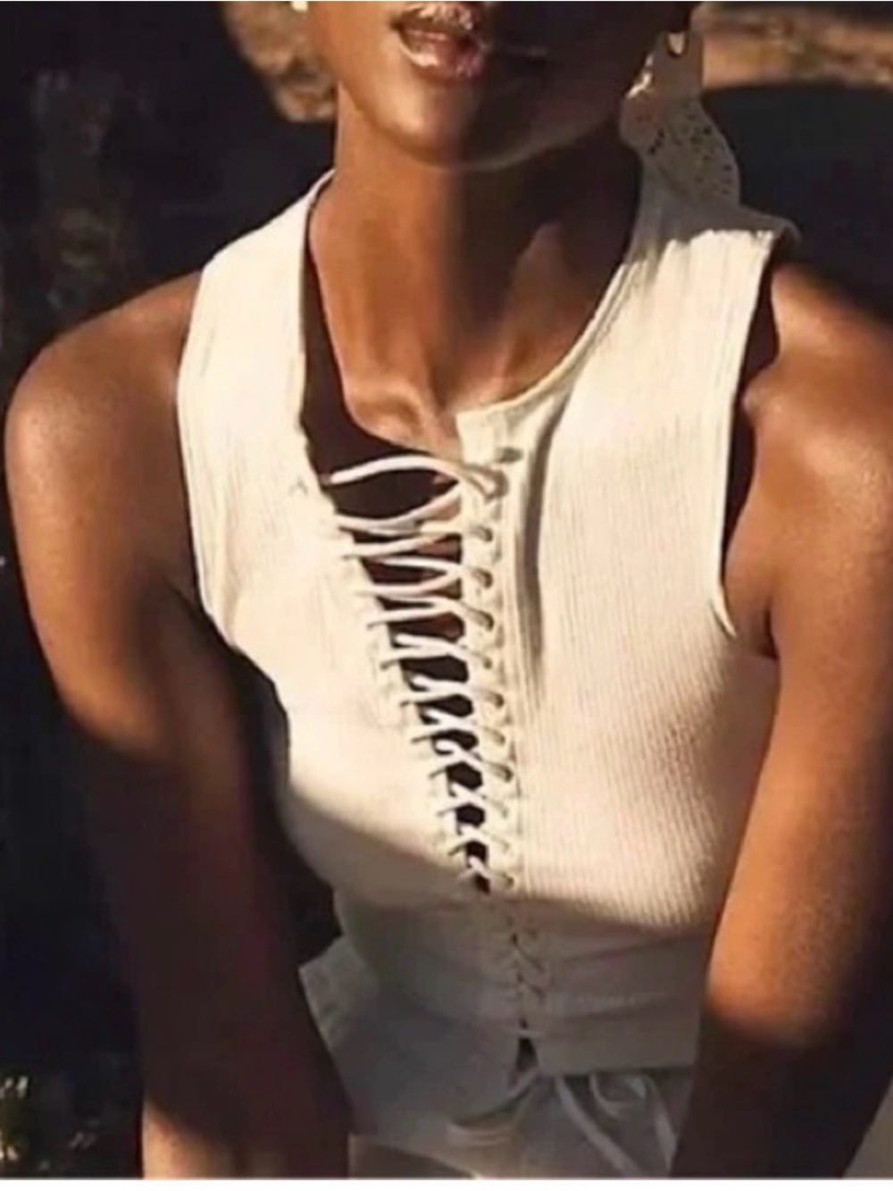 Anthropologie daily practice reef white lace up ribbed tank XS